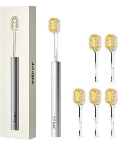 ZDEER Extra Soft Manual Toothbrush for Adults with 6 Replaceable Gum Care Wide Heads, Tooth Brush with Aluminum Handle, Toothbrushes for Sensitive Teeth